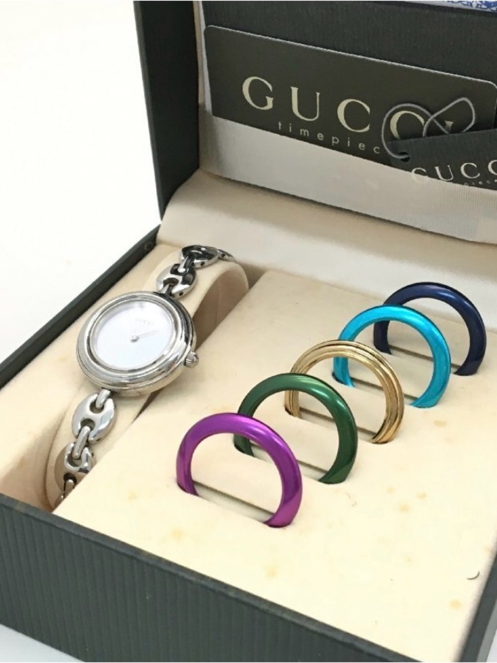 Gucci Silver Women's Bracelet Watch with Interchangeable Colorful Bezels